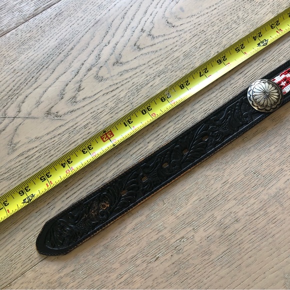 Vintage Tooled Embossed Beaded Leather Belt - Picture 5 of 10